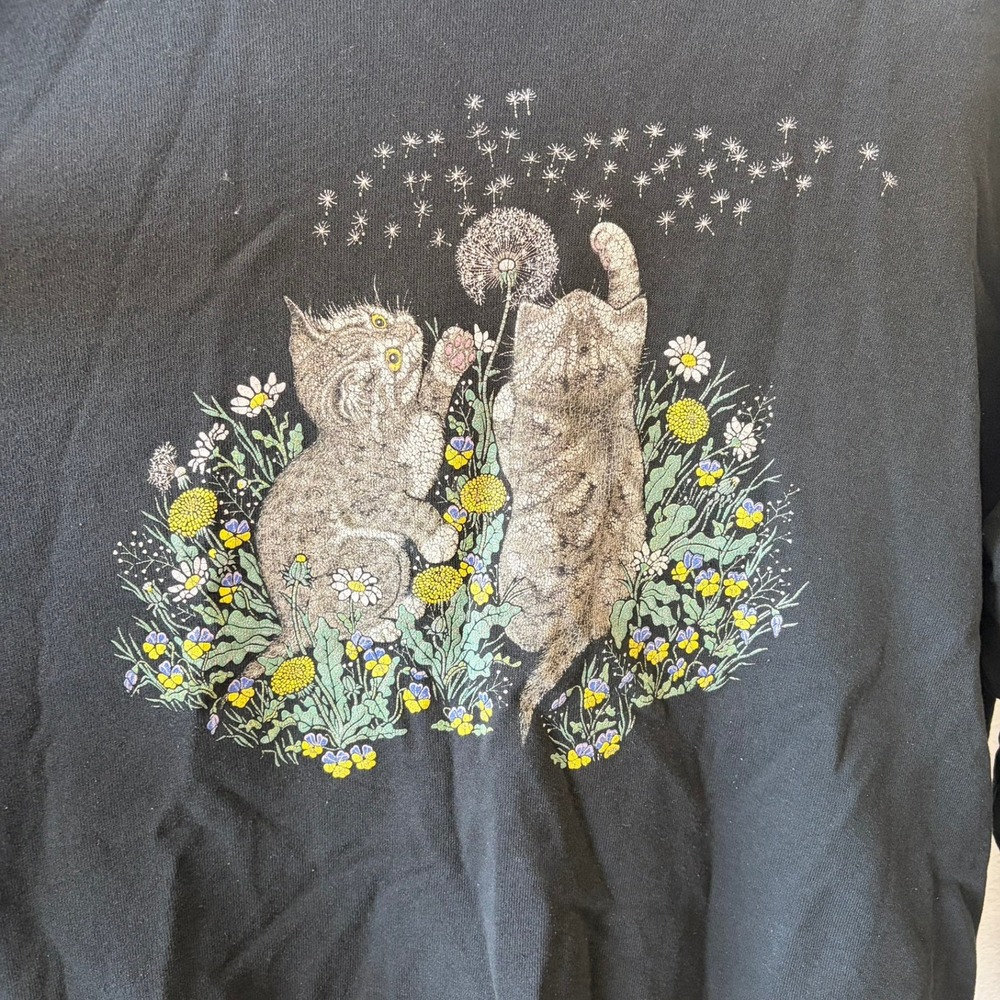 Vintage Jerzees Calico Harbor Kittens Dandelion‎ Sweatshirt Black XL Made in USA - Picture 2 of 7